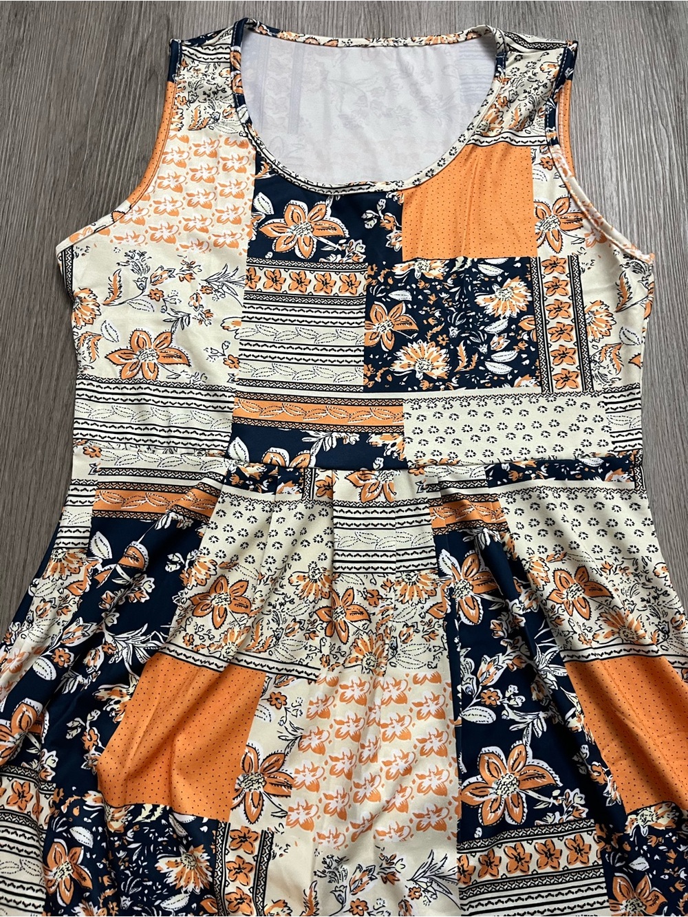 354–Patchwork Floral Sleeveless Dress in Navy & Orange